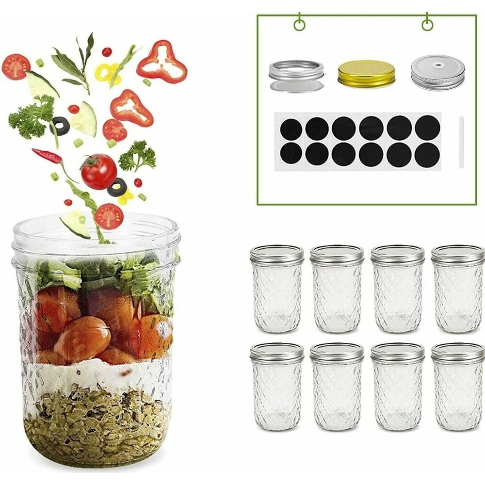Set of 8 Mason Jars Set w/ Lids Quilted Crystal Jars, 16oz Glass Canning Jars